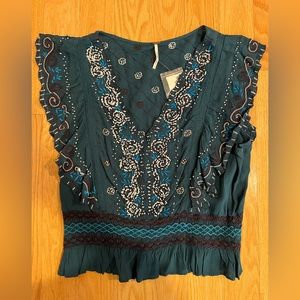 NEW FREE PEOPLE embroidered beaded top turquoise blue, peplum, tank, stunning!
